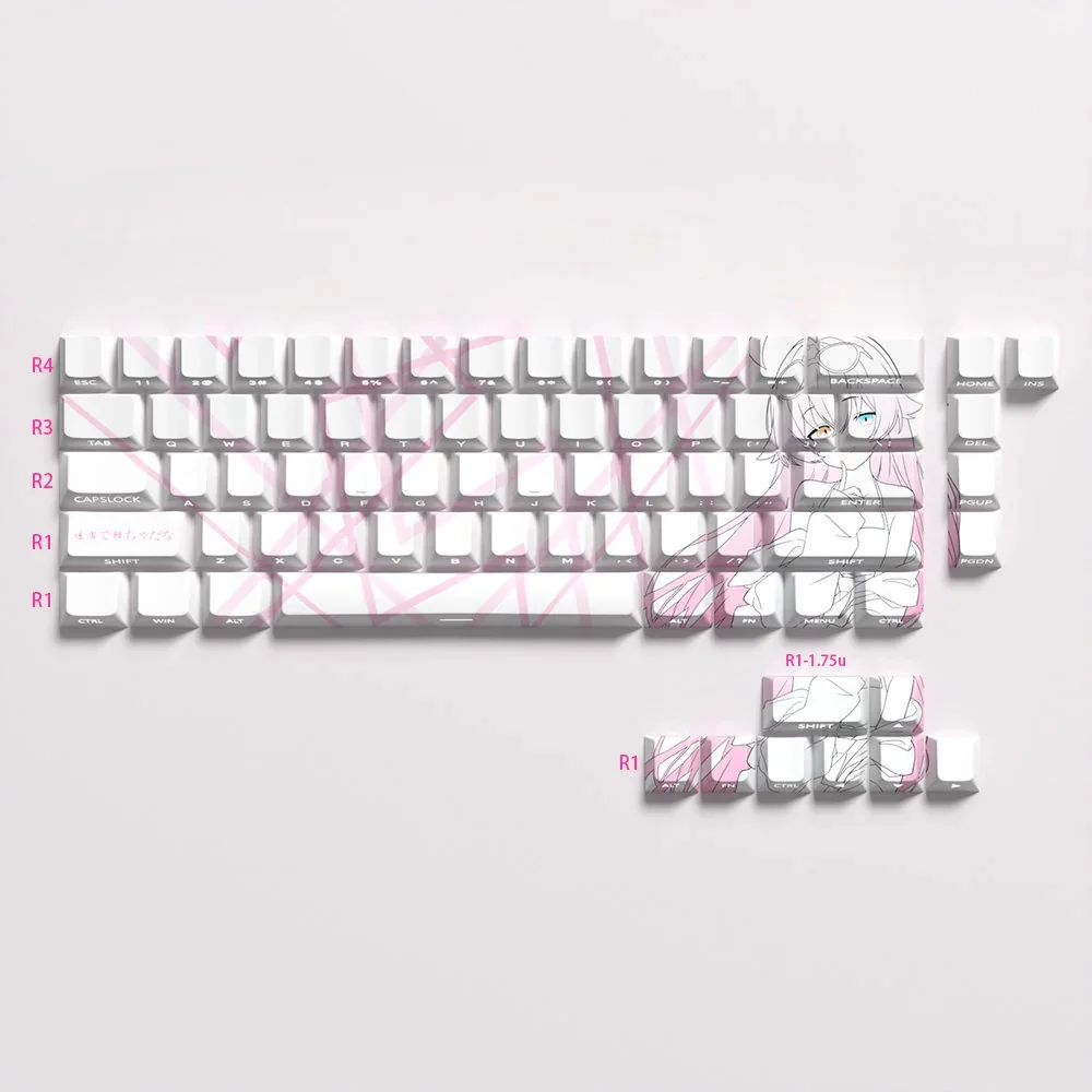Detailed view of exclusive Blue Archive Takanashi Hoshino PBT keycaps set, showcasing anime art, soft hues and game motifs.