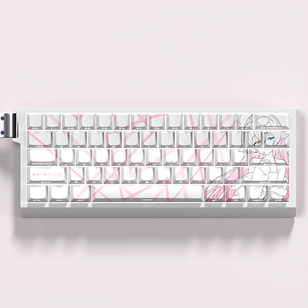 Exclusive Blue Archive Takanashi Hoshino PBT keycaps set, featuring artistic anime character art in soft hues for a unique gaming keyboard.