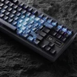 Detailed views of the Ethereal Blue Galaxy PBT Keycaps Set, highlighting its stunning blue galaxy gradient and subtle side-printed legends.