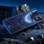 Close-up of Ethereal Blue Galaxy PBT Keycaps set from various angles, showcasing stunning gradients and subtle side-printed legends.
