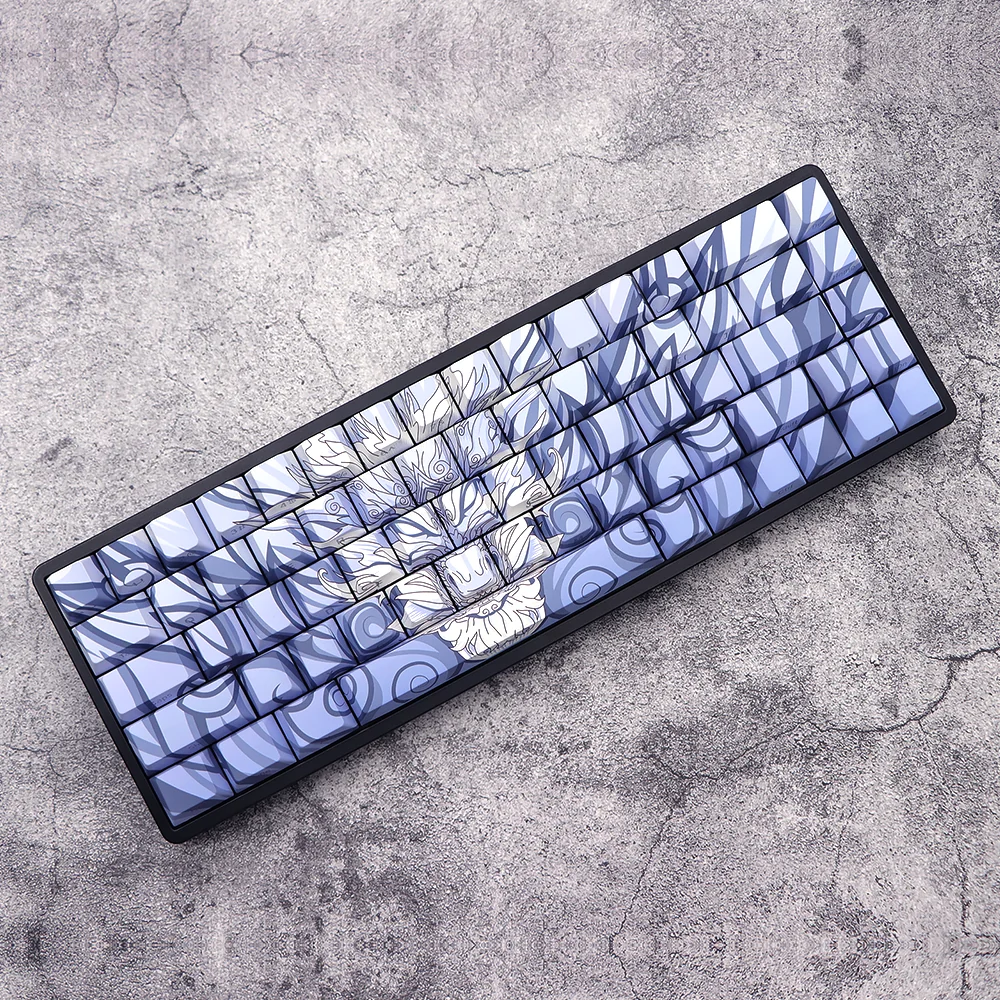 A gallery of blue backlit side-engraved durable PBT keycaps, showcasing their clean aesthetic, ergonomic Cherry profile, and transparent legends from multiple angles.