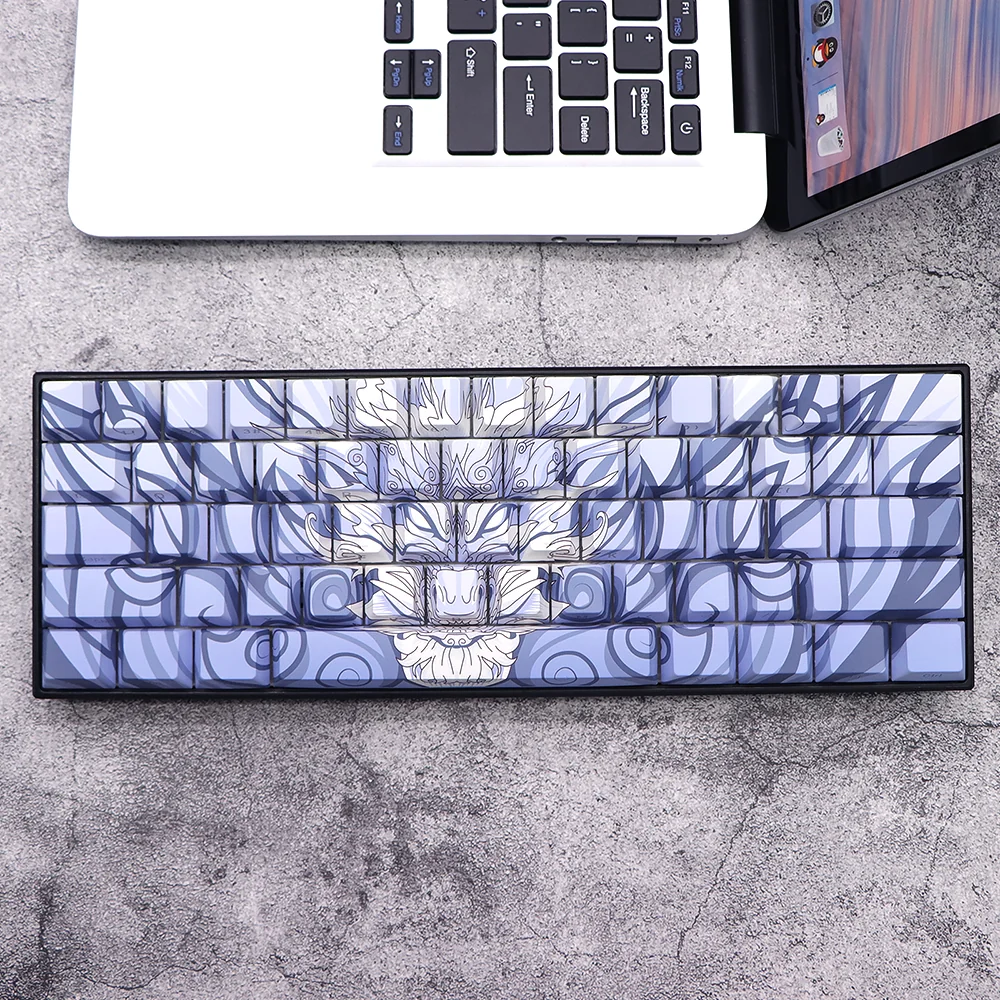Premium blue backlit side-engraved durable PBT keycap set. Observe the clean aesthetic, bright backlit legends.