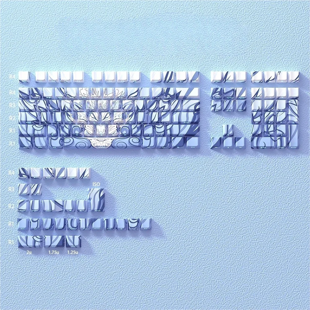 Blue backlit side-engraved durable PBT keycap set shown from diverse angles. Highlights ergonomic Cherry profile, clean blue aesthetic.