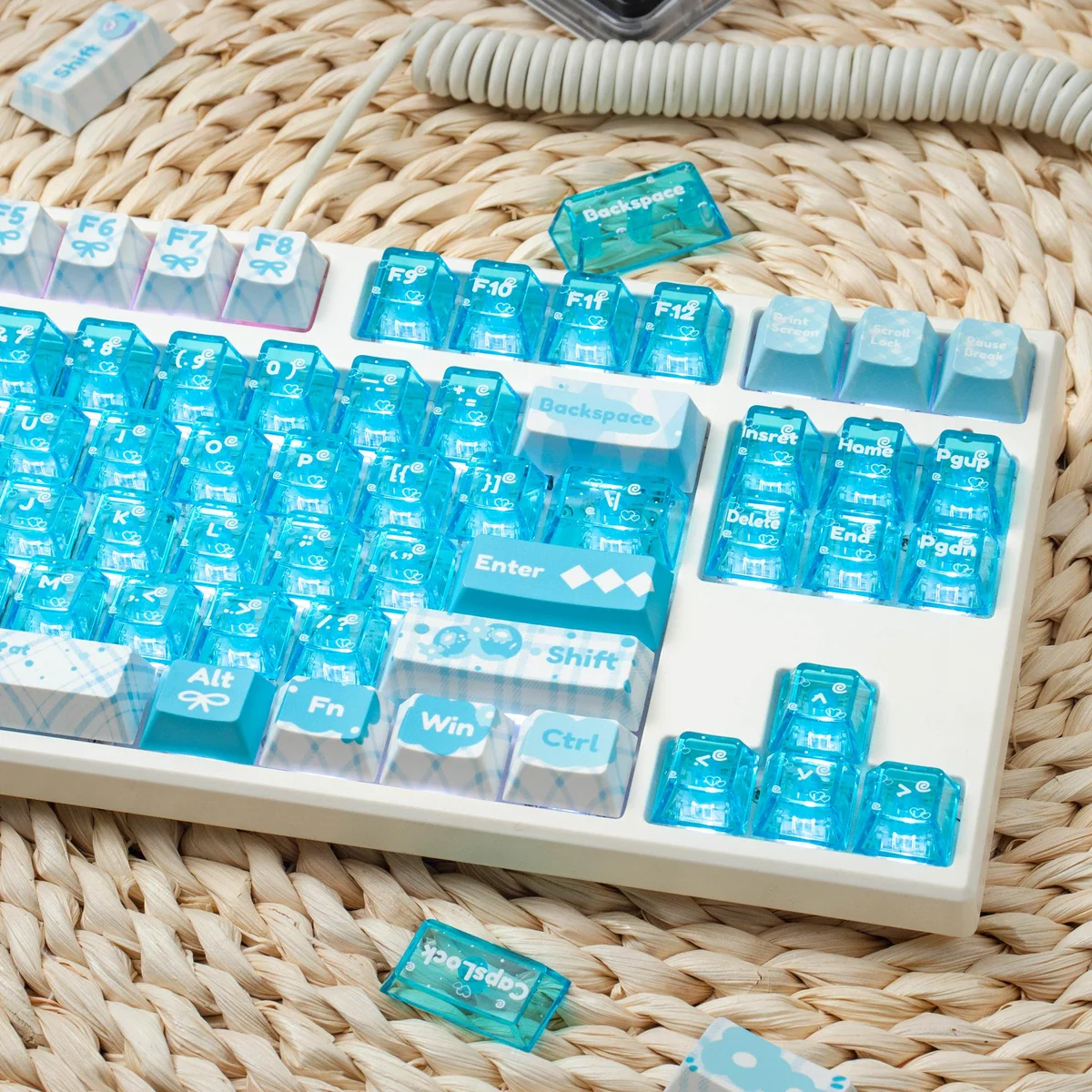 Vibrant blueberry jam PBT+PC keycap set, Cherry profile, showcased from various angles. Lush hues evoke a playful, ripe blueberry aesthetics.
