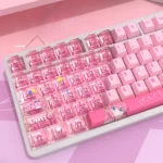 Close-up of vibrant Bocchi the Rock! Hitori Gotoh PBT keycaps set from various angles, featuring playful anime designs and musical motifs. Exclusive Bocchi characters design.