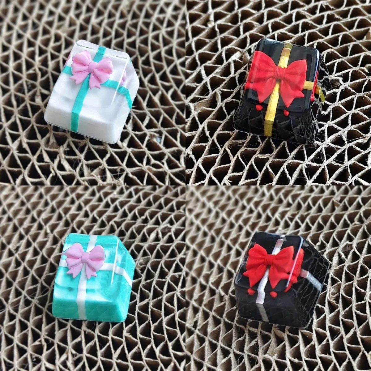 Artistic handcrafted resin gift box keycap featuring a delicate bowknot and translucent finish, perfect for custom ESC keyboards.