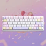 Adorable Rabbit Sweetheart side-printed backlit PBT keycaps in soft pastel hues, shown from various angles, emphasizing the whimsical design.