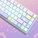 Adorable Rabbit Sweetheart PBT keycaps from a product gallery, showcasing their whimsical side-printed backlit rabbit motif and luminous pastel hues.