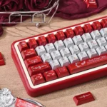 Burgundy PBT keycap set with a refined texture and elegant deep tones. Premium PBT ensures ergonomic comfort for a sophisticated desktop.