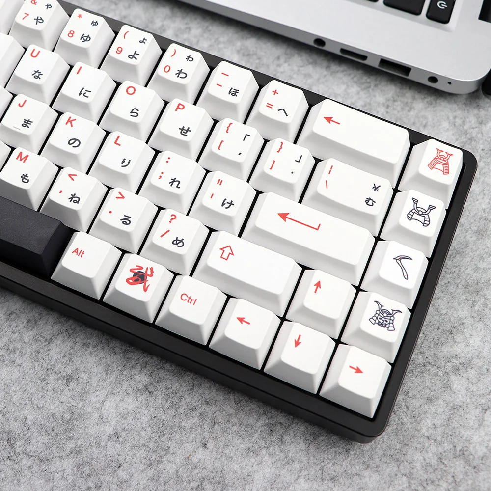 Bushido PBT keycaps set with elegant Japanese warrior motifs, and crisp dye-sub legends, highlighting the PBT dye-sublimated quality.