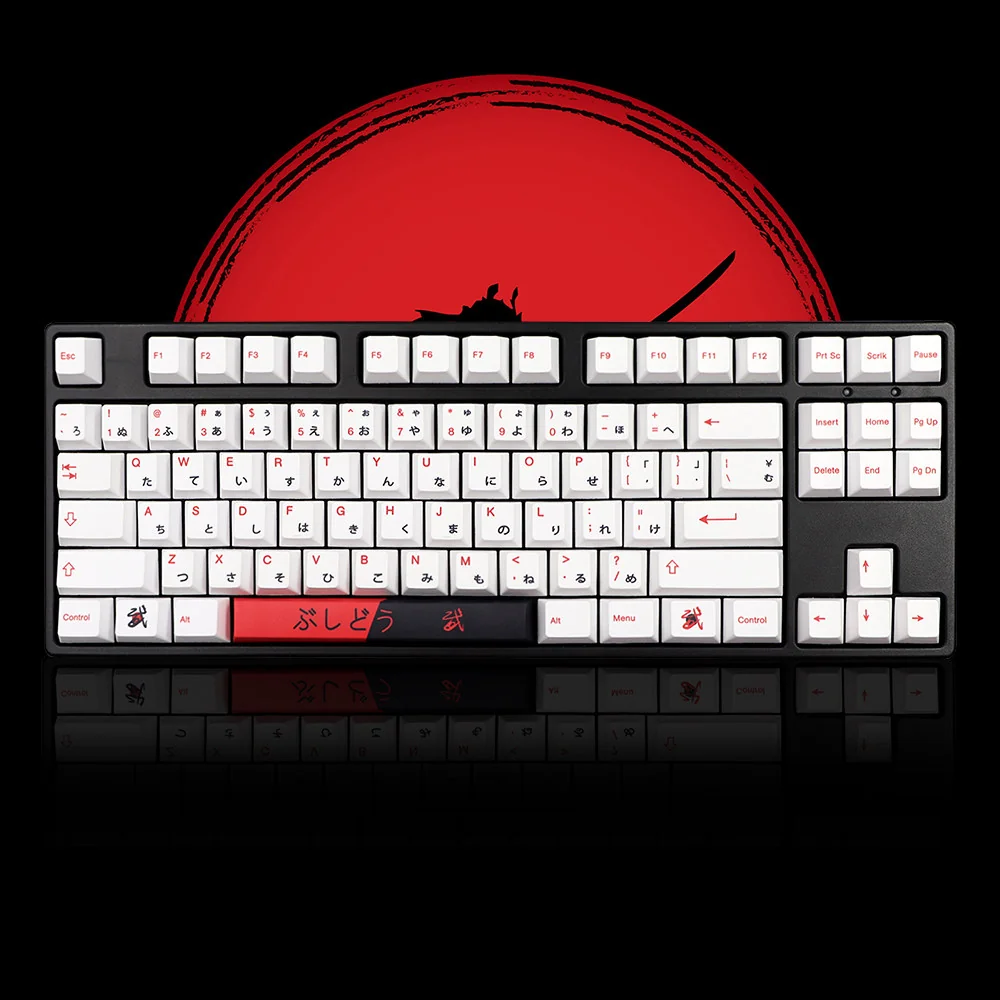 Bushido PBT Keycaps set: Elegant dye-sublimated PBT keycap set showcasing crisp Japanese warrior path motifs for a premium feel.