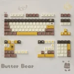 Close-up of the adorable Butter Bear PBT keycap set, showcasing charming bear illustrations and warm, buttery tones.