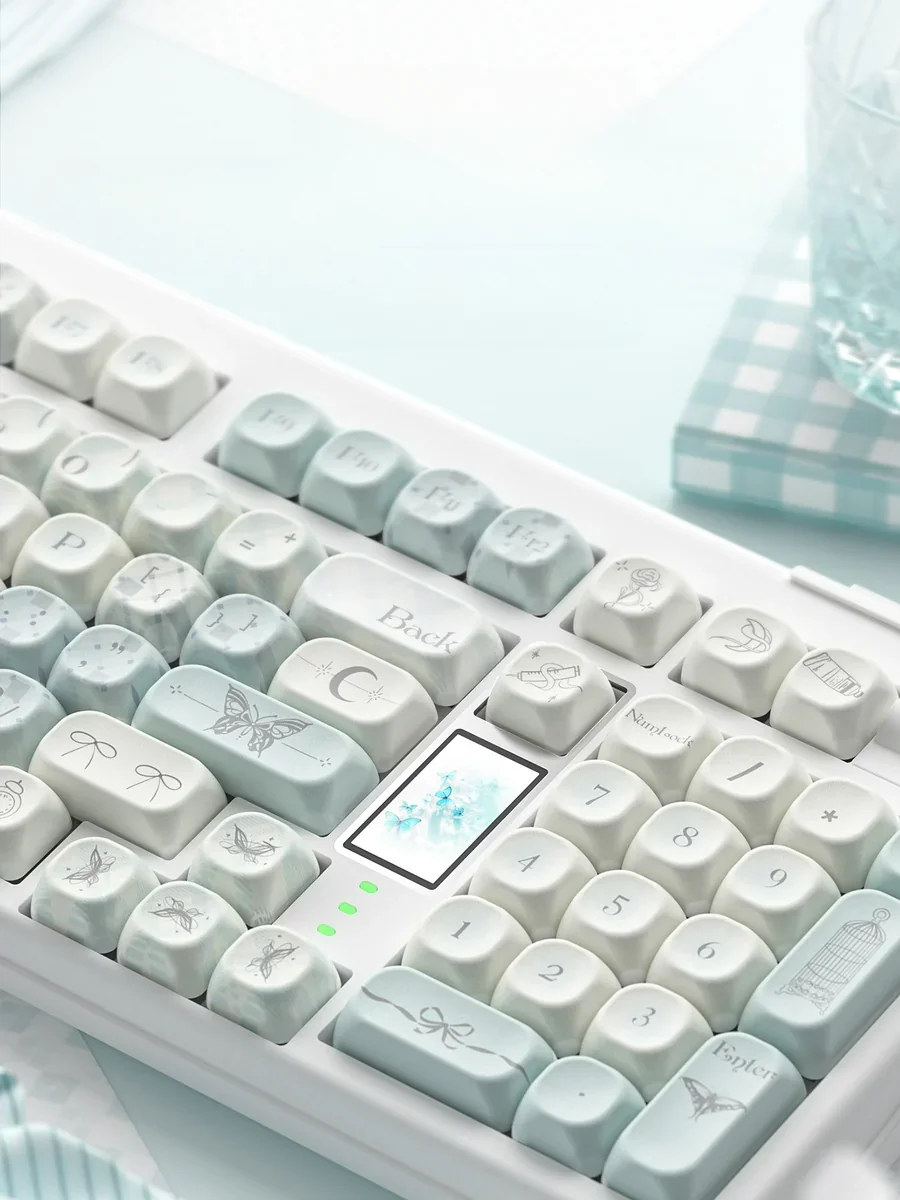 Exquisite Butterfly Hand-Tie Artisan Keycap Set in rare MOA profile, showcasing its delicate, nature-inspired design and intricate details from various artistic angle.
