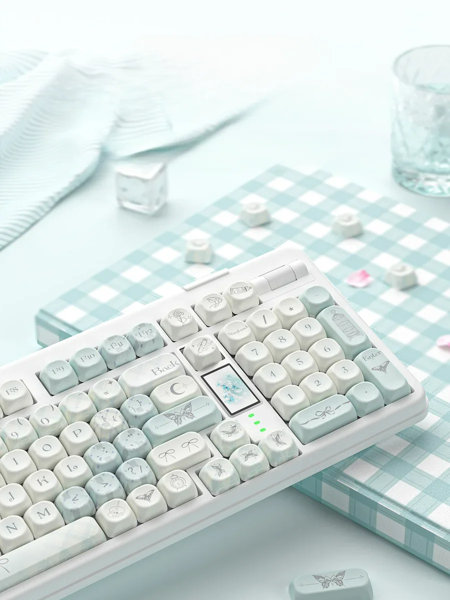 An artistic gallery of the exquisite Butterfly Hand-Tie artisan keycap set, revealing its intricate, nature-inspired design and unique MOA profile from multiple angle.