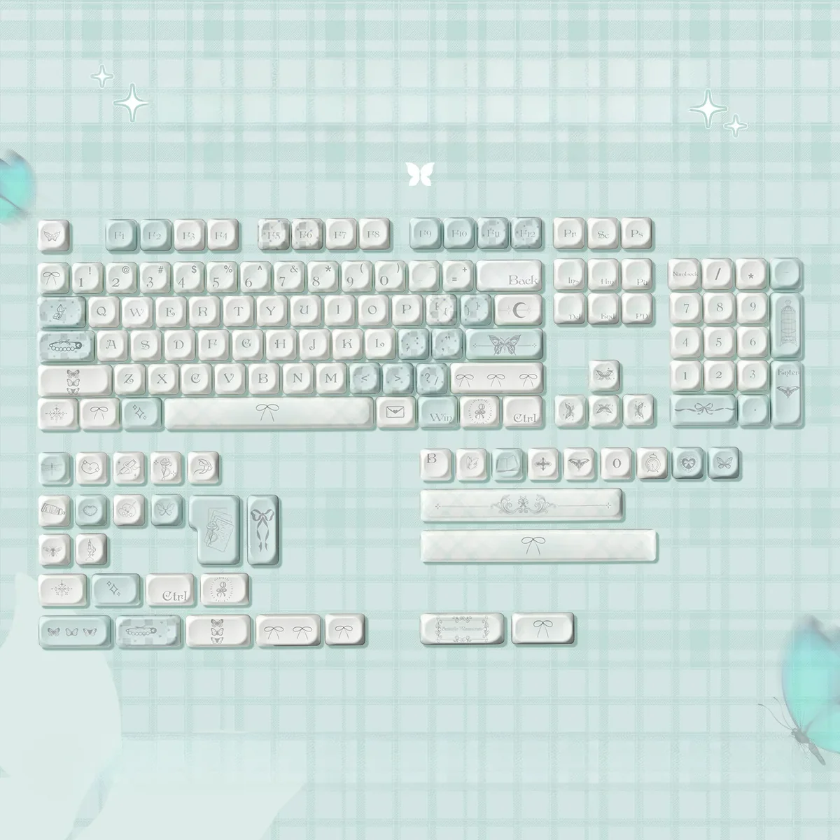 Exquisite Butterfly Hand-Tie Artisan Keycap Set, MOA profile. Close-up views reveal its delicate, nature-inspired butterfly design and intricate artisanal details.