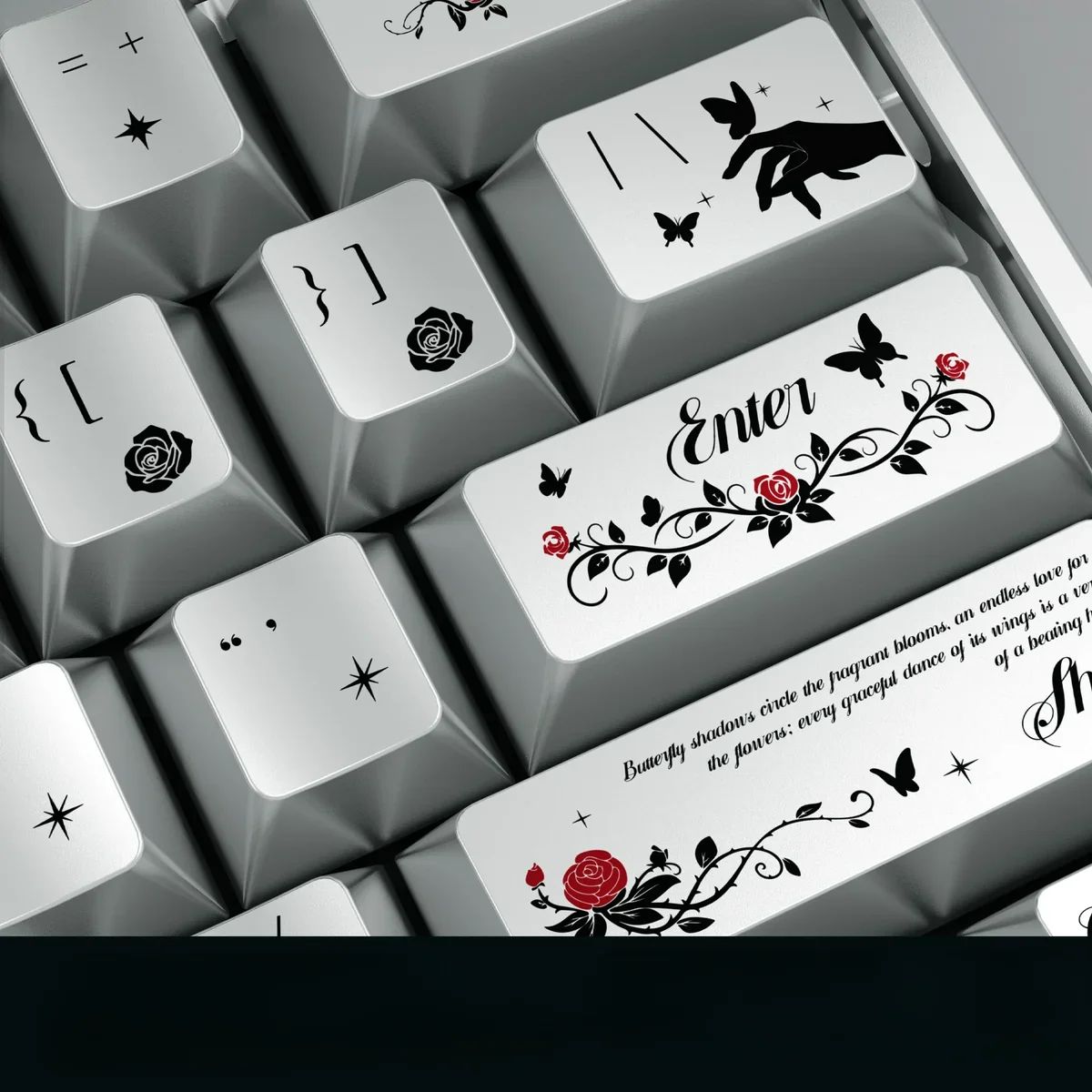 Elegant Butterfly Love Flowers Keycap Set showcasing lustrous pearlescent metallic butterfly-flower designs from various angles, highlighting their shimmering finish.