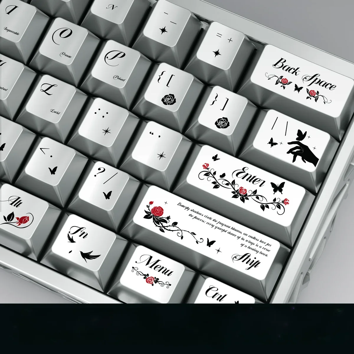Butterfly Love Flowers Keycap Set for MX Keyboards. Lustrous pearlescent metallic butterfly-flower design with shimmering floral motifs for an artistic keyboard art.