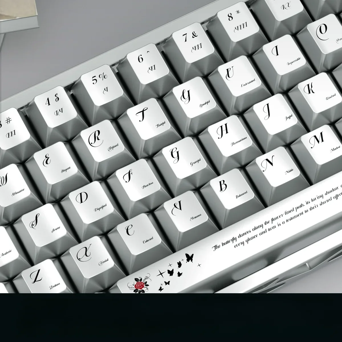 Elegant Butterfly Love Flowers Keycap Set featuring lustrous pearlescent metallic butterfly and floral designs, showcasing artistic craftsmanship for MX keyboards.