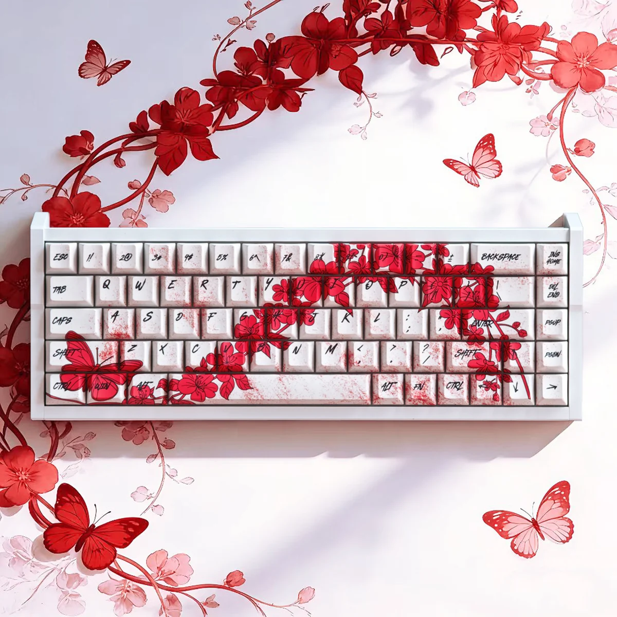 A unique angle of the exquisite Butterfly Loves Flower PBT Keycaps set, showcasing delicate butterfly and blossoming flower art inspired by nature.