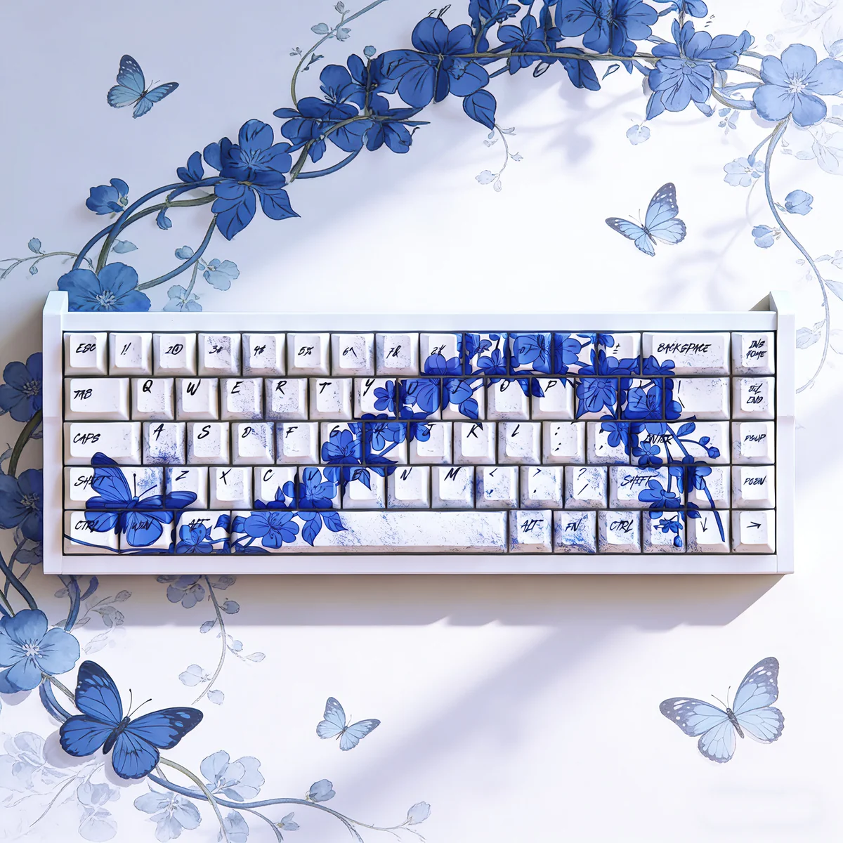 Exquisite Butterfly Loves Flower PBT Keycaps set, featuring graceful butterflies and delicate flowers from multiple angles. This nature's art captures traditional design.