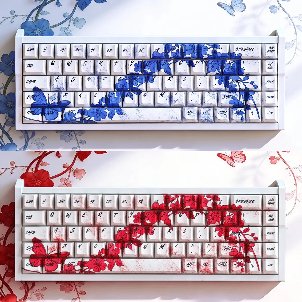 Exquisite Butterfly Loves Flower PBT Keycaps Set showcasing graceful butterfly and blossoming flower art, inspired by traditional Asian aesthetics for a unique keyboard.