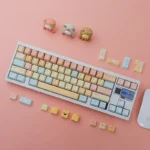 Close-up of the adorable Candy Puppy Keycaps PBT Dye-sub set, featuring sweet pastel candy-themed puppies, highlighting their whimsical charm.