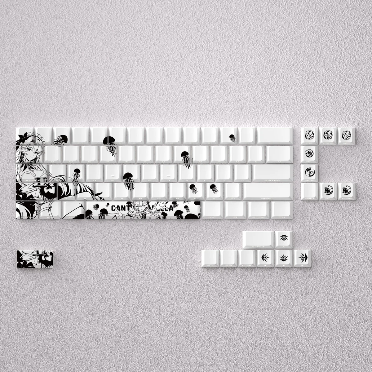 Detailed view of the Cantarella PBT Keycap Set, highlighting crisp dye-sublimated legends and premium Cherry profile for a sophisticated keyboard.