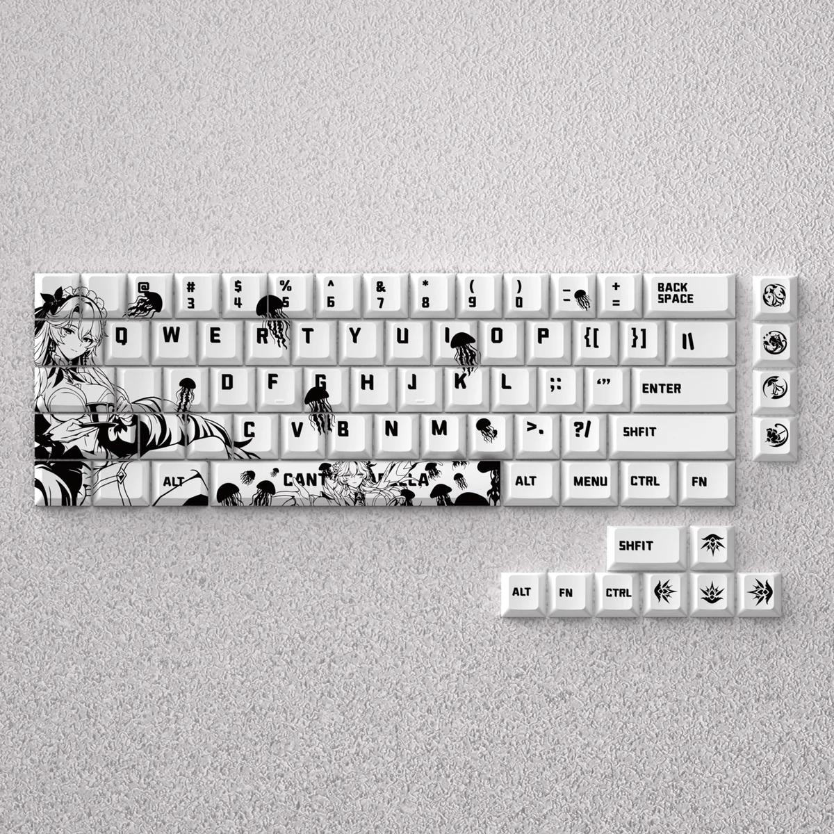 Close-up views of the premium Cantarella PBT Keycap Set, highlighting its durable dye-sublimated legends, PBT material, and refined Cherry profile.