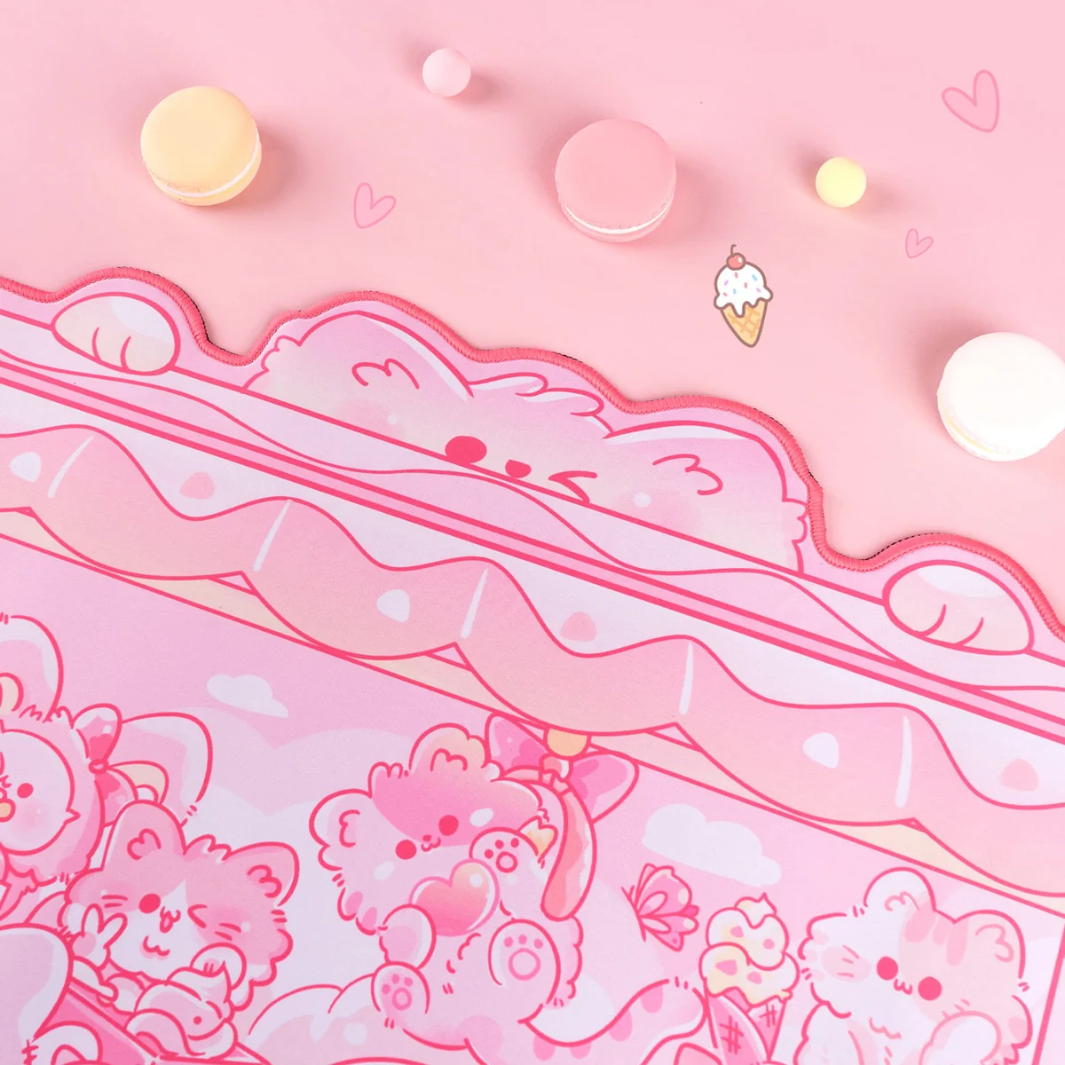 Whimsical Cat Claw Machine Desk Mat close-up, showcasing charming cat and arcade designs in vibrant, playful colors. View of various unique setup.
