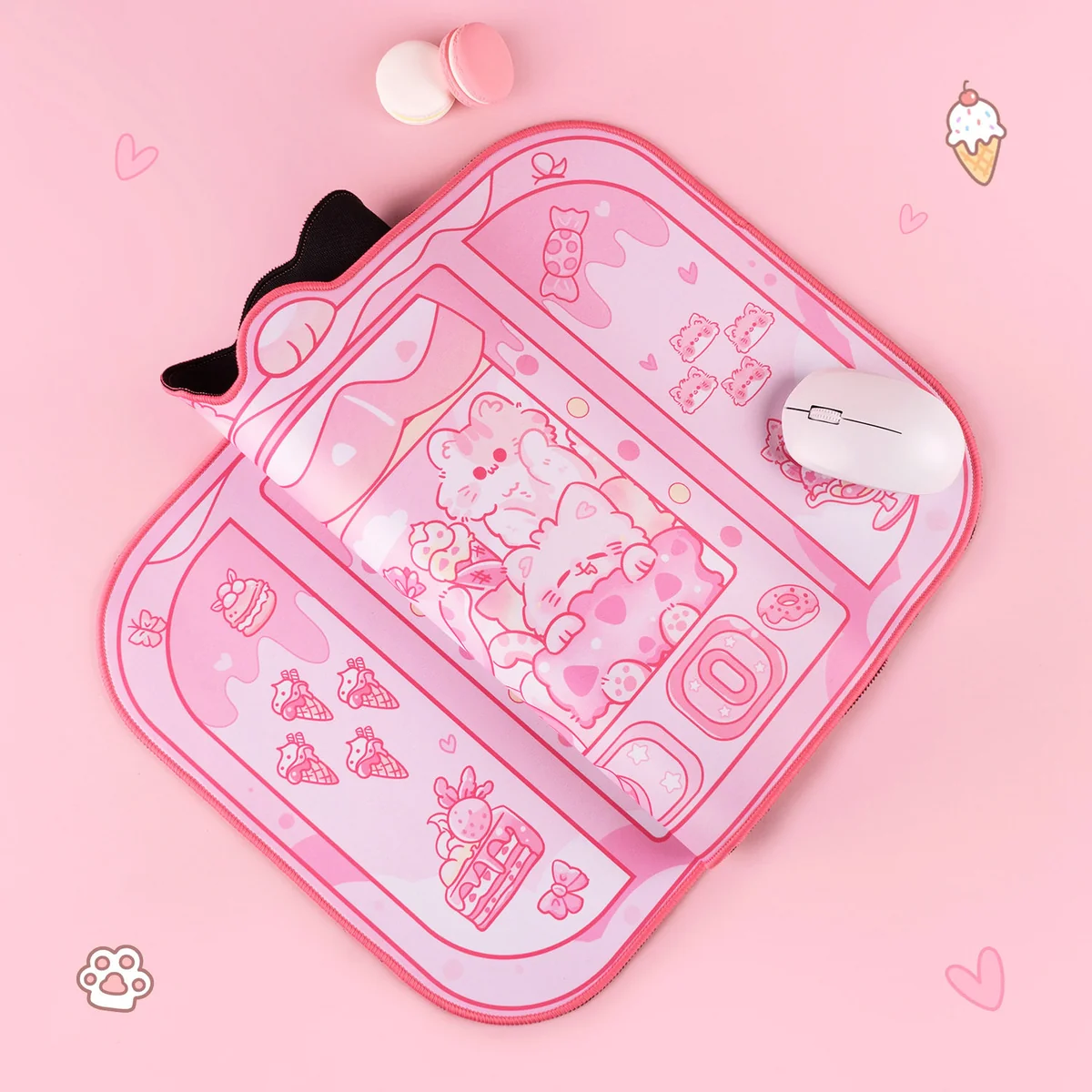 A playful close-up of the whimsical cat claw machine Desk Mat, showcasing vibrant colors and charming cat illustrations for an arcade-inspired desk mat.
