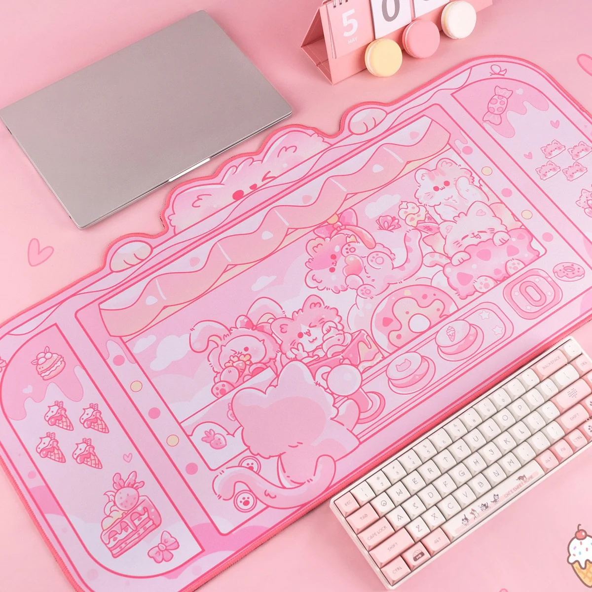 Whimsical Cat Desk Mat with charming cat and vibrant arcade machine art. This playful cat claw machine themed set offers pure desktop fun.