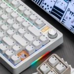 BJ75 Cat Ear Mechanical Keyboard, sleek with adorable cat ears and vibrant RGB. Multiple angles highlight its triple-mode connectivity.