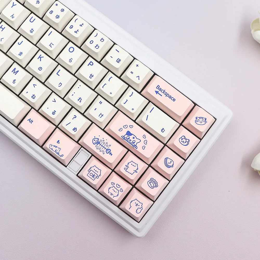 Playful cat keycaps set on a keyboard, featuring charming Japanese designs and durable PBT material, captured from multiple angles.