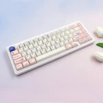 Close-up of the adorable PBT cat keycaps set, showcasing the whimsical Japanese feline illustrations and dye-sublimated details from a delightful design.