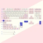 Gallery of adorable cat PBT keycaps set, showcasing whimsical dye-sublimated Japanese feline designs in soft pink and white from various angles.