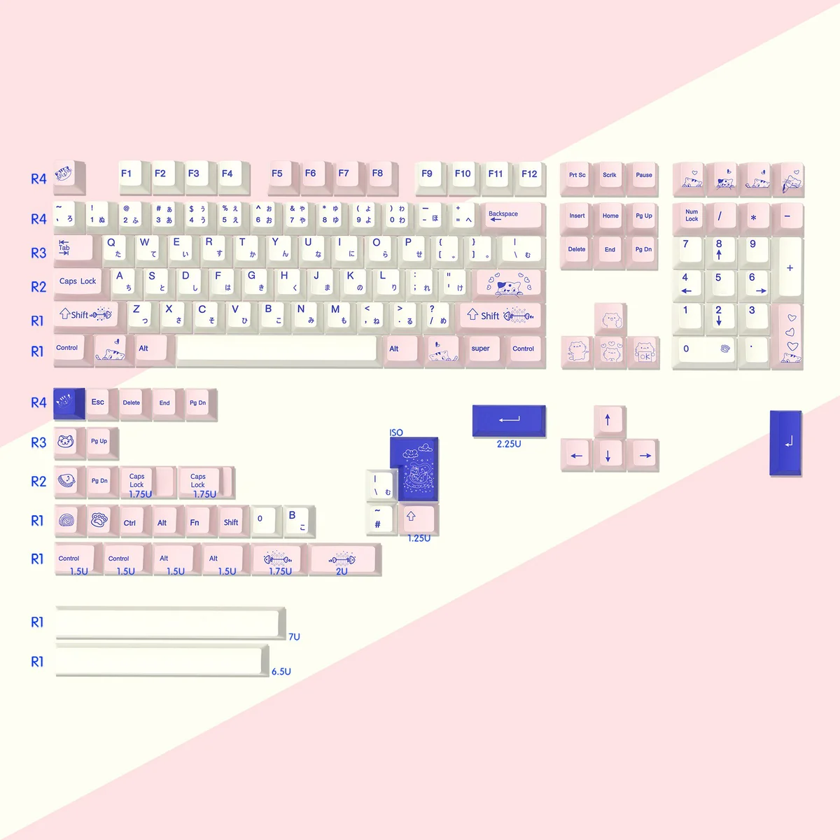 Gallery of adorable cat PBT keycaps set, showcasing whimsical dye-sublimated Japanese feline designs in soft pink and white from various angles.