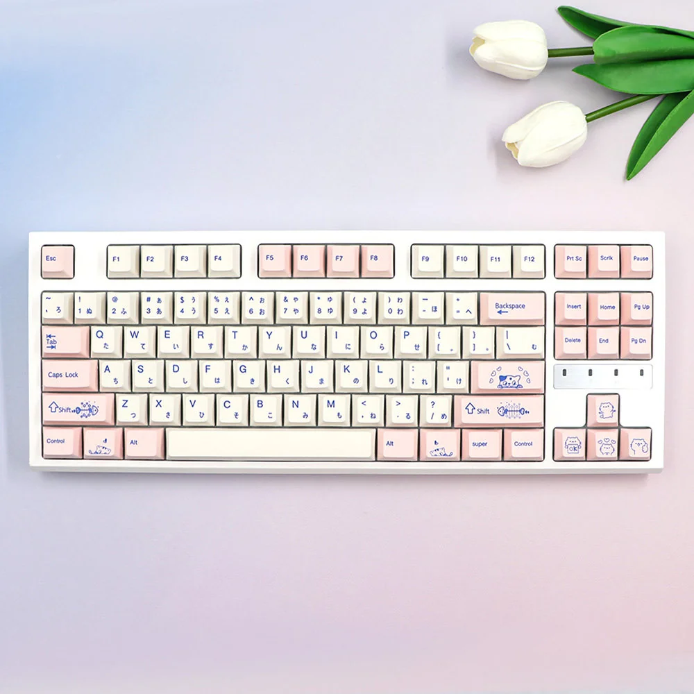 Cat Japanese Cherry Keycap Set, dye-sublimated, with whimsical feline illustrations in soft hues tones, capturing a charming Japanese aesthetics.