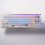 Whimsical translucent PC cat keycaps set, featuring adorable lazy cat designs and playful bonus paw accents, viewed from multiple charming angles.