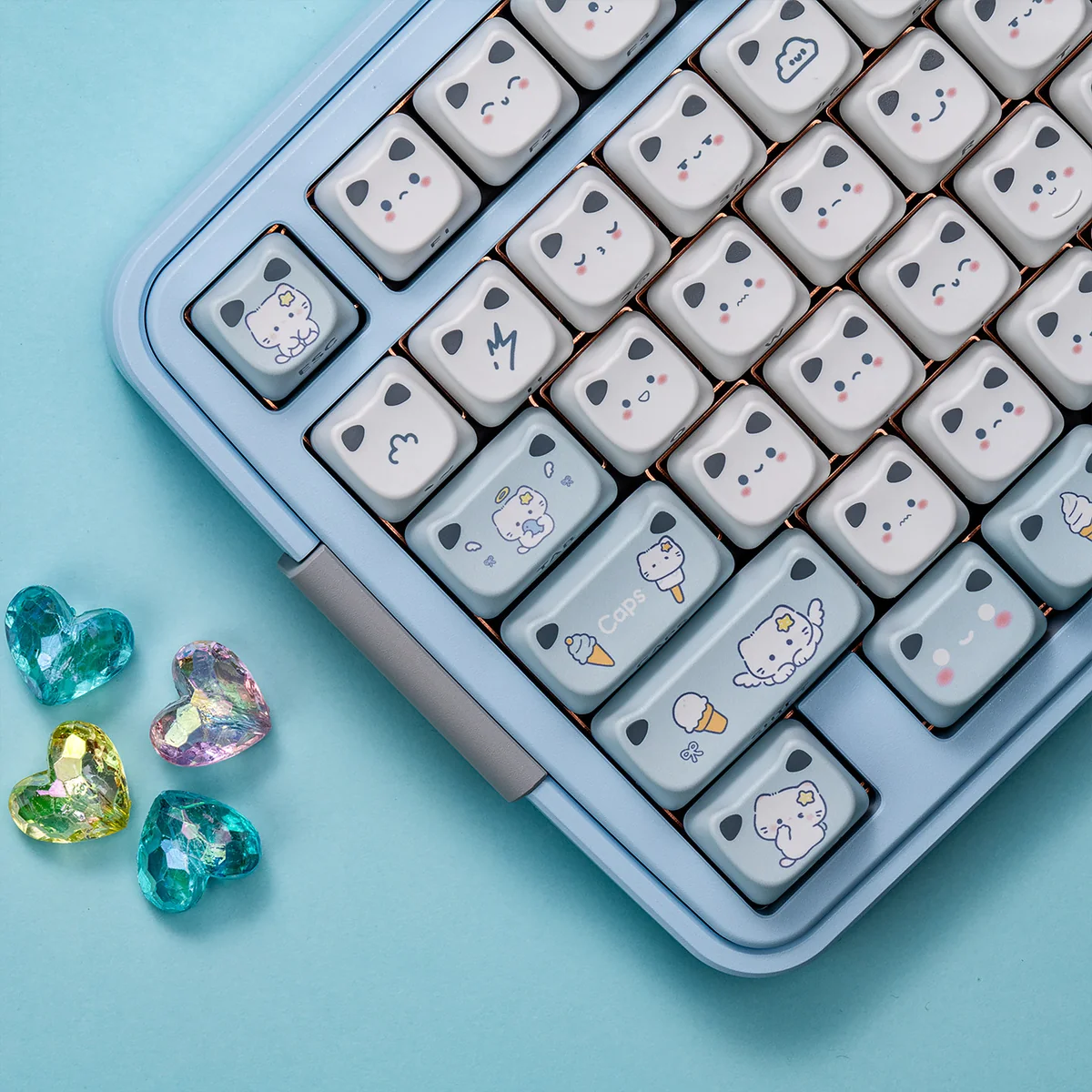 Playful Cat Paradise MAO PBT translucent cat keycap set. Charming cat motifs with unique translucent cat ears and vibrant colors are shown.