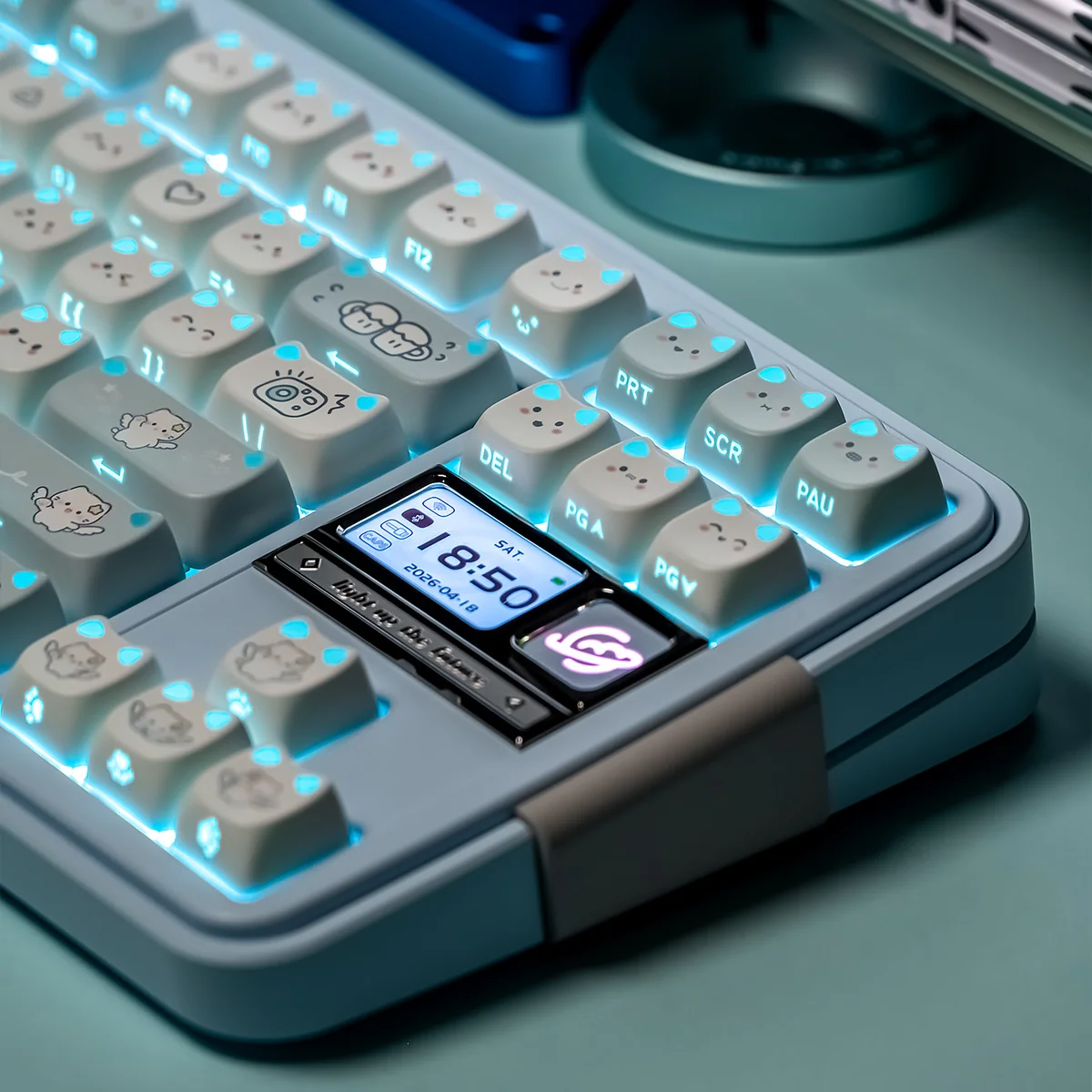 Playful Cat Paradise MAO PBT translucent keycap set from multiple angles, showcasing charming cat motifs and unique translucent cat ears with vibrant design.