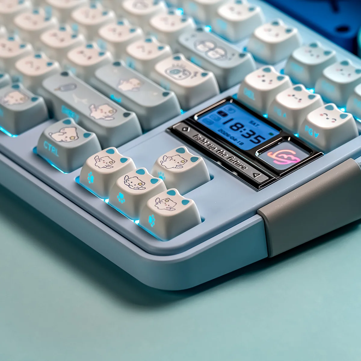 Close-up of the Playful Cat Paradise MAO PBT keycap set, highlighting translucent cat ears and vibrant, charming cat motifs from a unique angle.