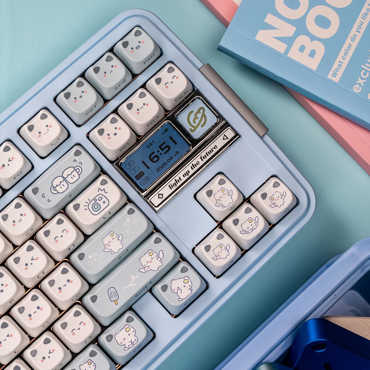 Playful Cat Paradise MAO PBT translucent cat keycap set, showcasing vibrant colors, unique translucent cat ears, and charming cat motifs at various angle.