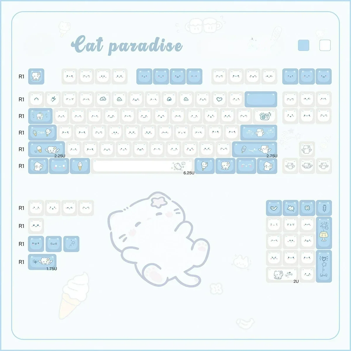 Playful Cat Paradise MAO PBT keycap set featuring charming translucent cat ears, adding a unique and vibrant touch to any keyboard.