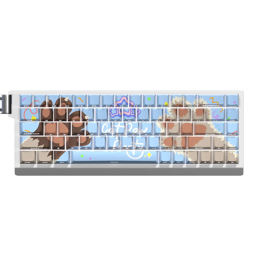 Close-up of the playful cat paw PBT dye-sub keycap set from various angles, highlighting their adorable whimsical designs and vibrant pastel colors.