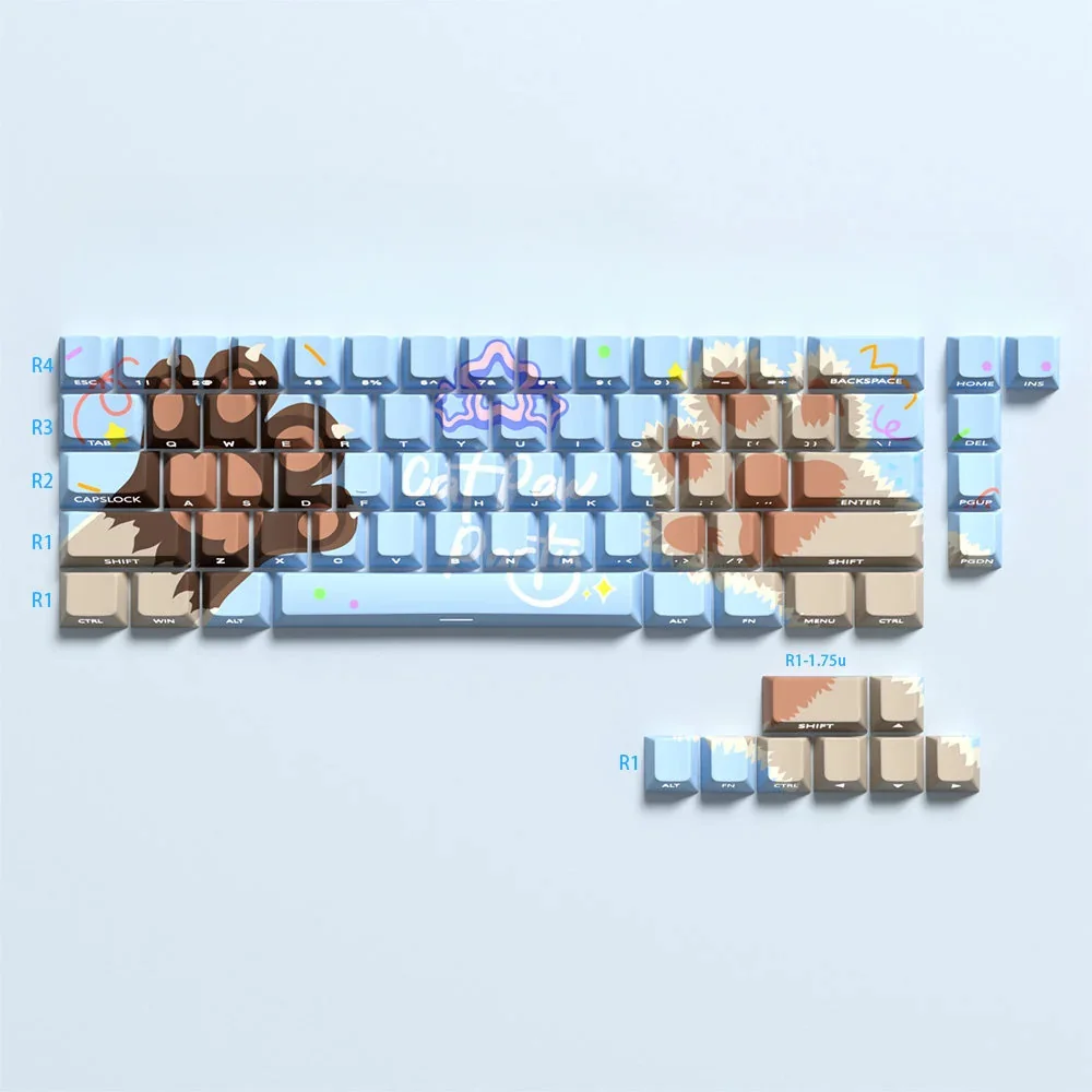 Playful Cat Paw PBT Dye-Sub Keycap Set for keyboards, shown from multiple angles, highlighting adorable designs and vibrant pastel colors.