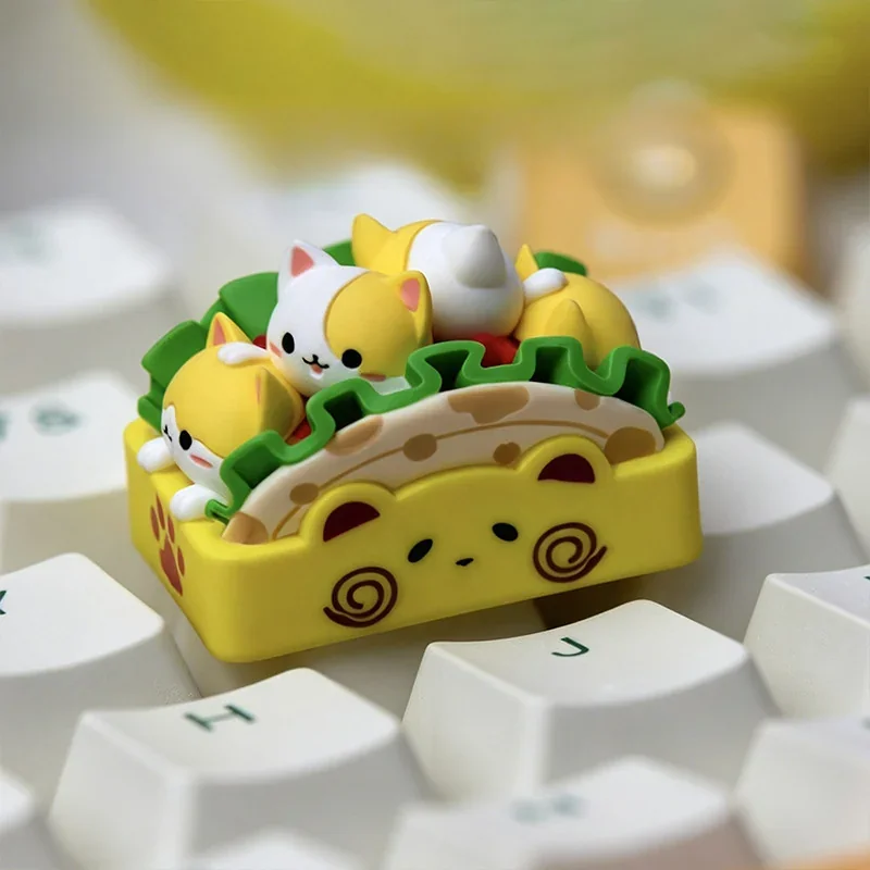 Artistic close-up of a handcrafted resin cat Taco keycap, highlighting the whimsical cat character, vibrant details, and unique artisan craftsmanship.