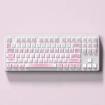 Whimsical cat theme PBT keycaps set from a unique angle, highlighting side-translucent legends and charming feline illustrations on durable PBT material.