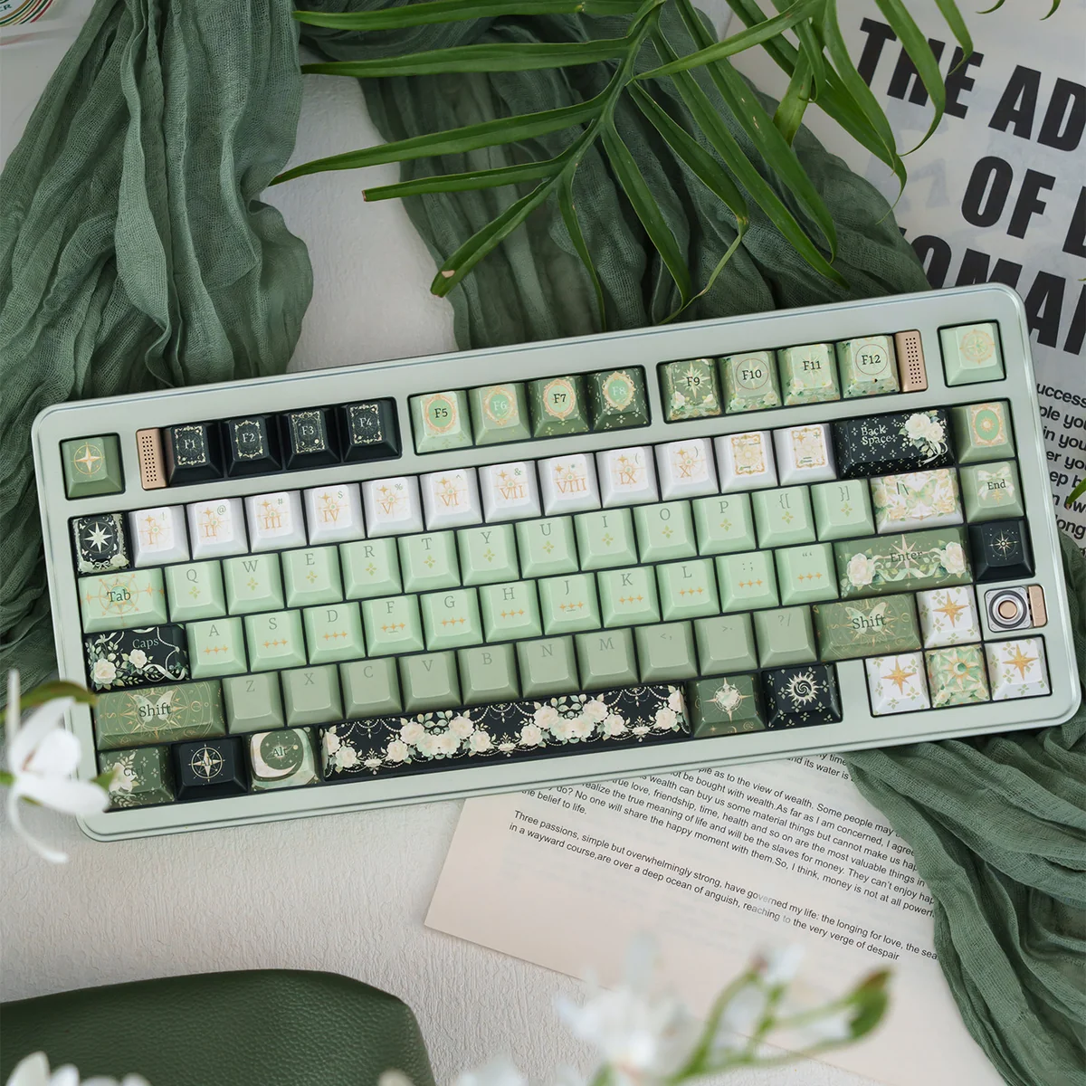 An enchanting Celestial keycap, showcasing a shimmering pearlescent night sky artisan design with deep green cosmic hues and subtle celestial motifs.