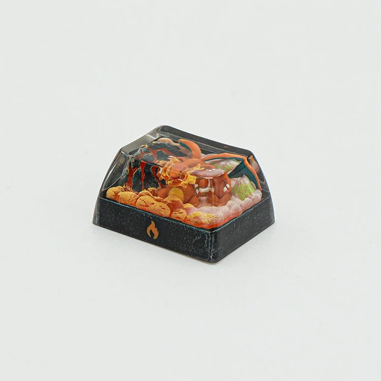 Detailed view of the Fiery Charizard keycap, showcasing its vibrant colors and intricate design for ultimate keyboard customization and gaming nostalgic design.