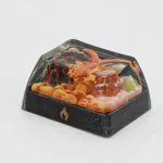 Close-up of a vibrant, fiery Charizard keycap, showcasing its detailed craftsmanship from multiple angles for ultimate gaming keyboard customization.